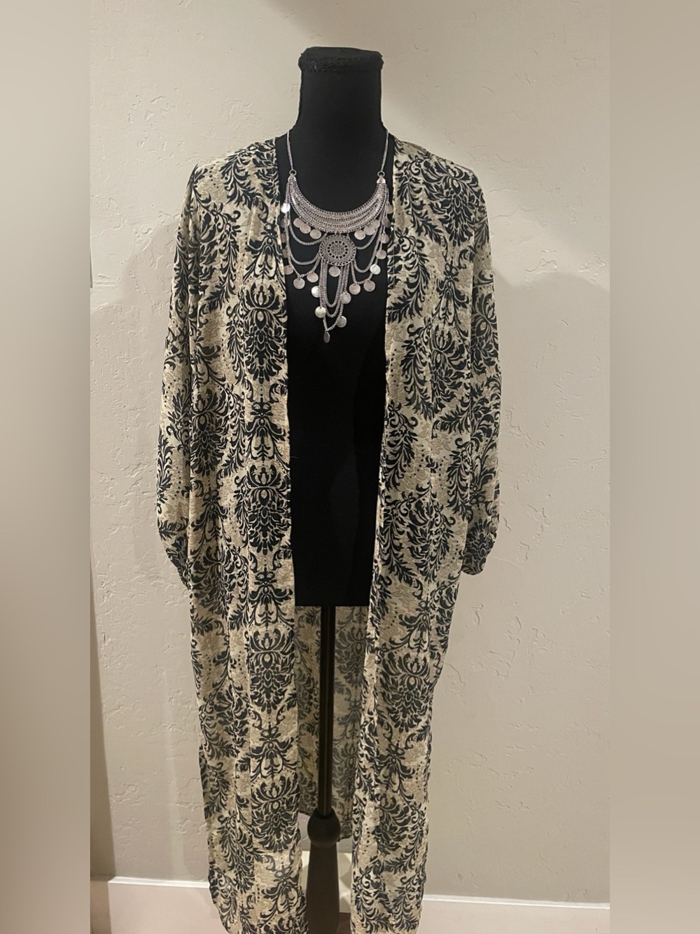 Elegant Long Duster w/ Olive & Black Pattern includes Statement Necklace